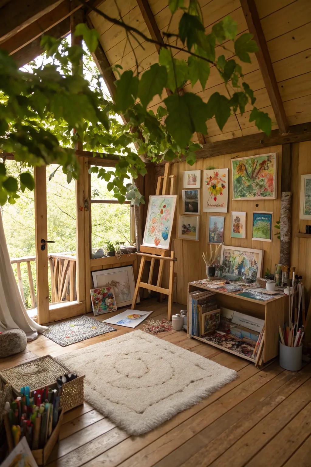 An artist's treehouse studio, perfect for creative inspiration.