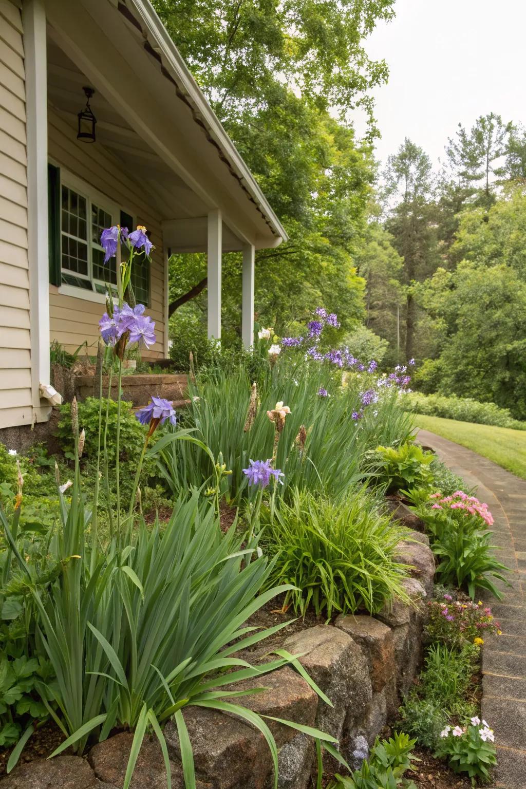 African irises offer year-round beauty as foundation plantings.