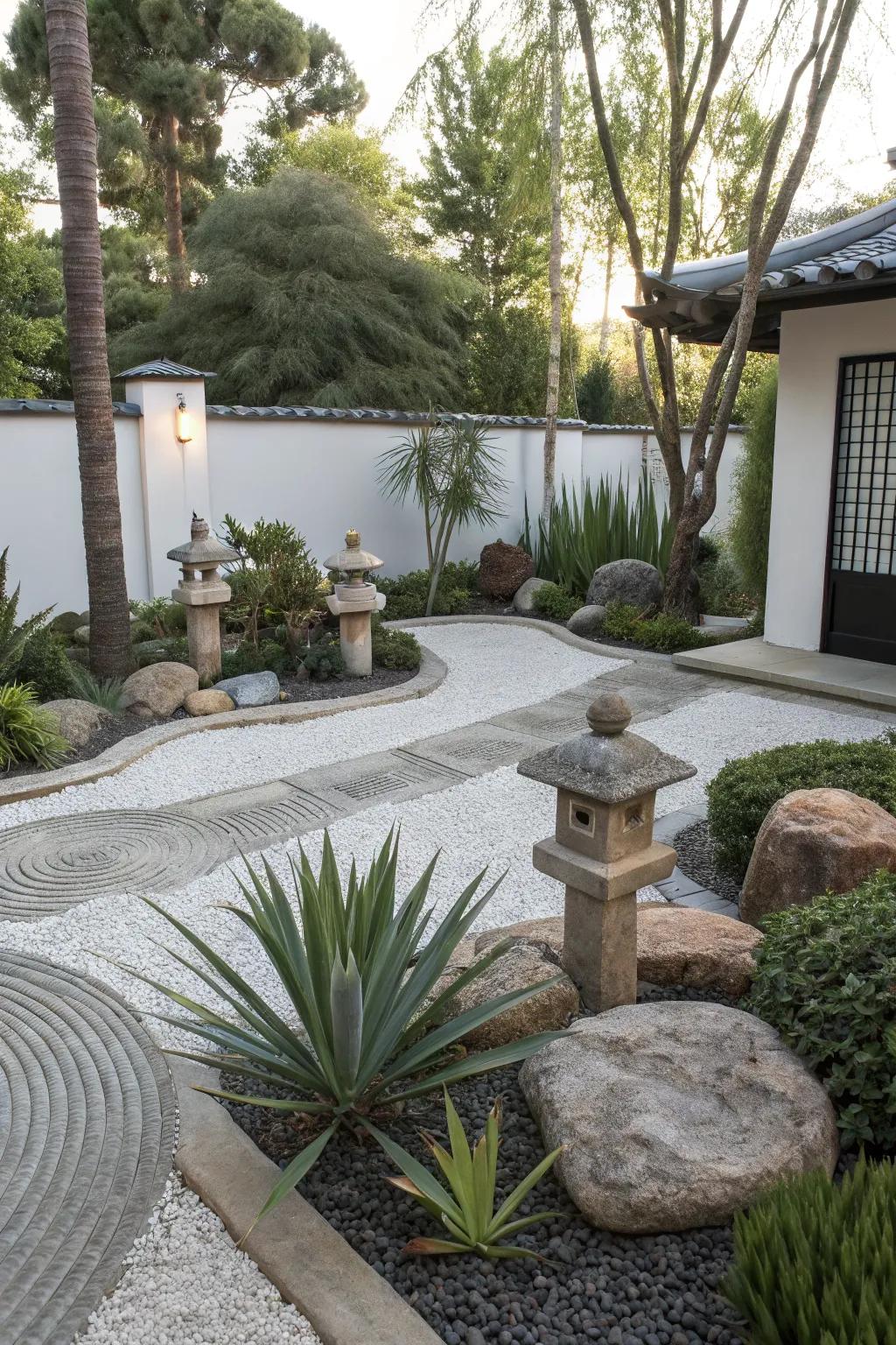 Zen garden design with agave for a peaceful retreat.