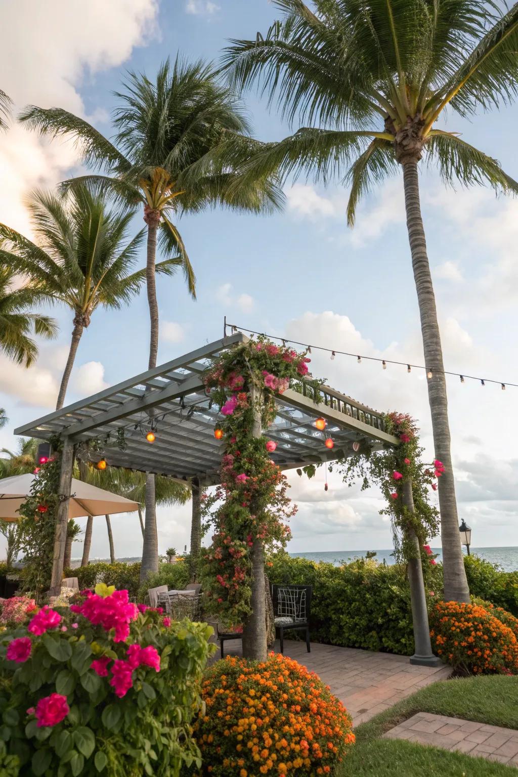 A tropical-themed aluminum pergola for a vacation vibe at home.
