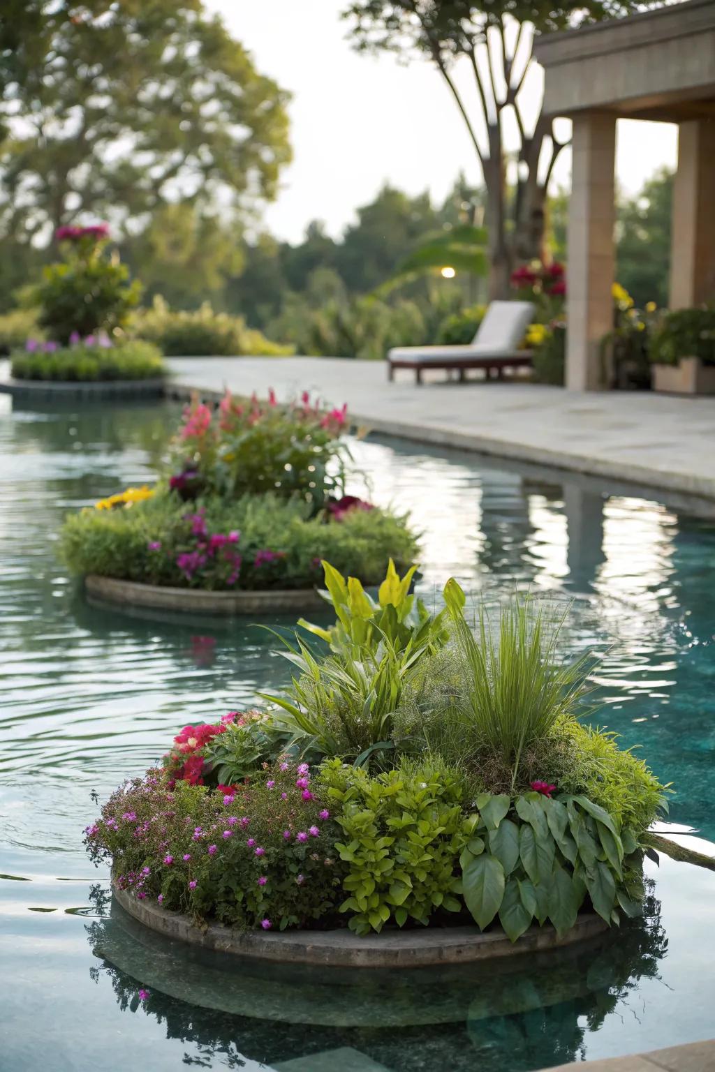 A pool adorned with floating garden islands, enhancing its tranquility.