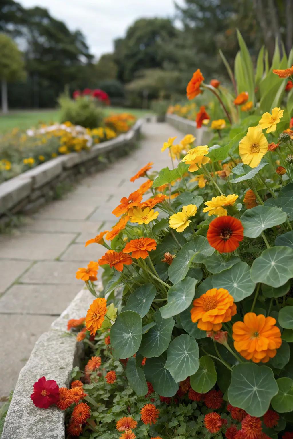 Edible flower bed delights with nasturtiums and calendula.