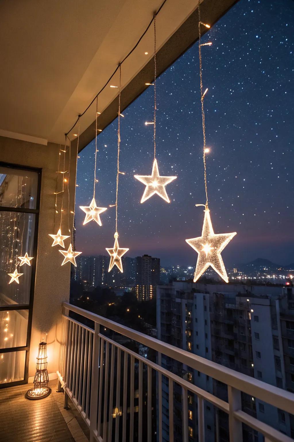 Illuminated stars add a celestial touch to your festive balcony decor.