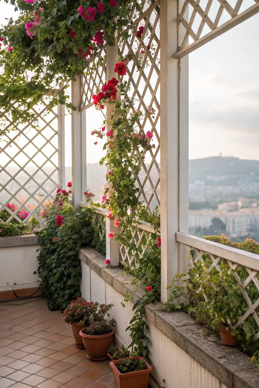 Add vertical interest with climbing plants on trellises.