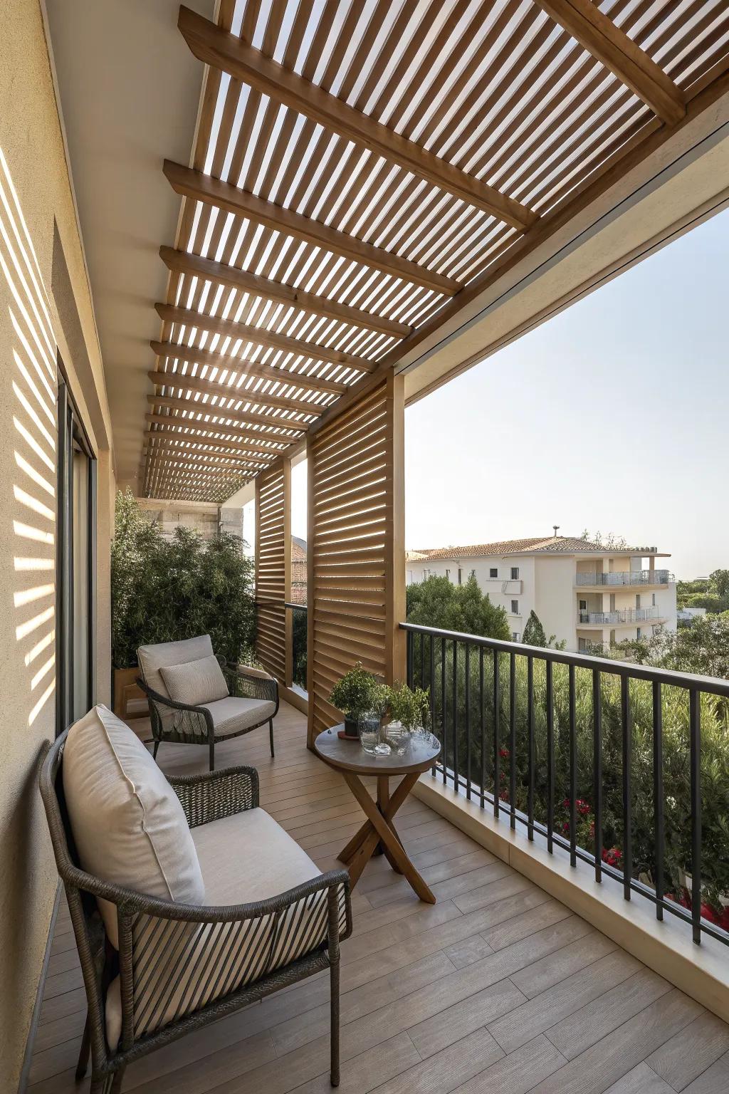 Metal or wooden slats offer a stylish approach to balcony shading.