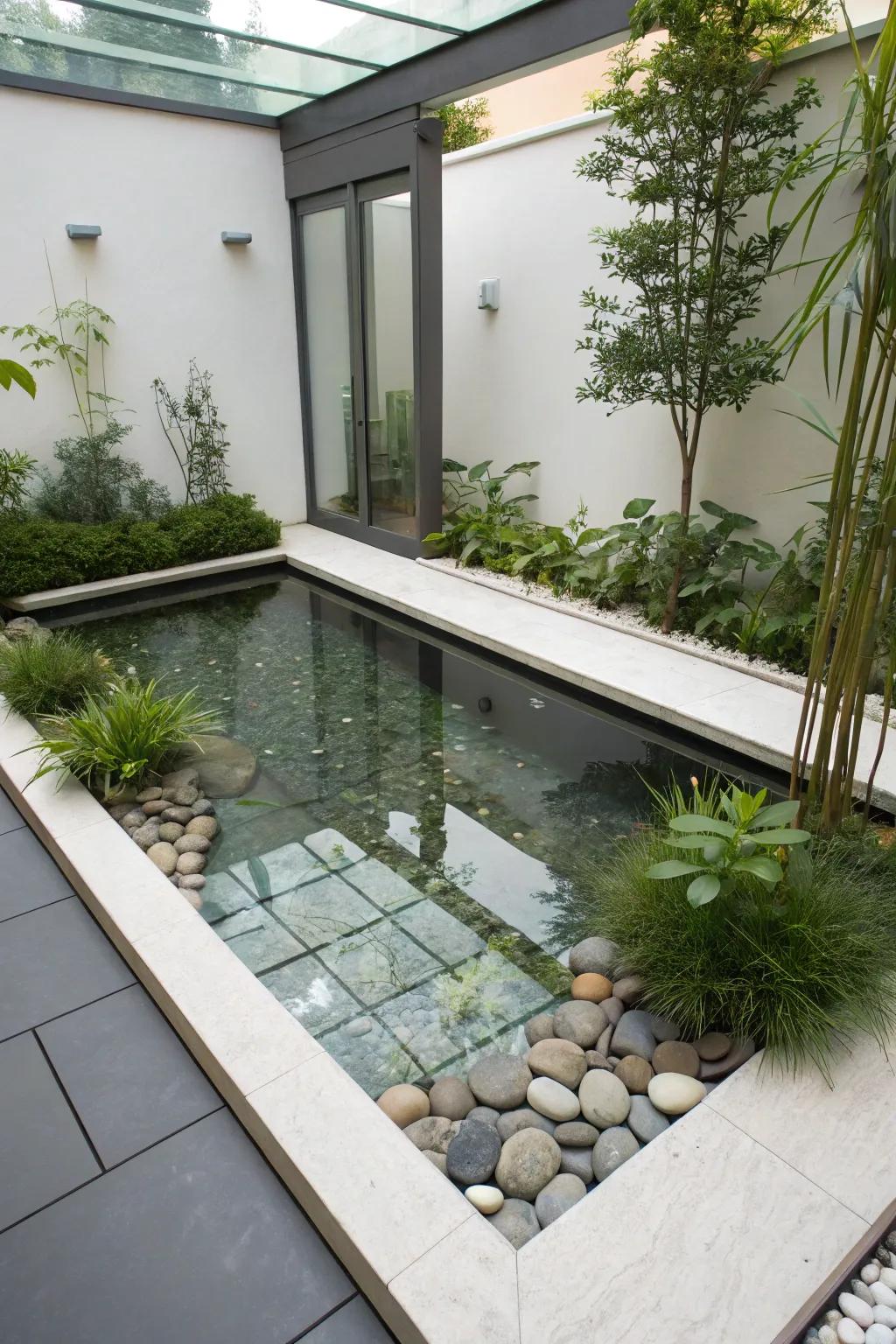 A modern glass-edged pond with clear underwater views.