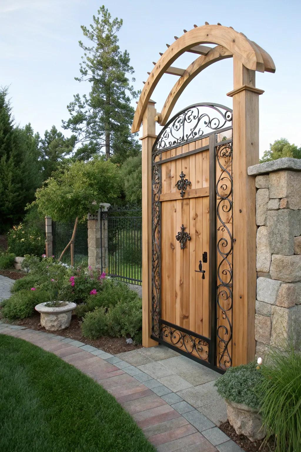 A unique arched gate combining cedar and wrought iron.