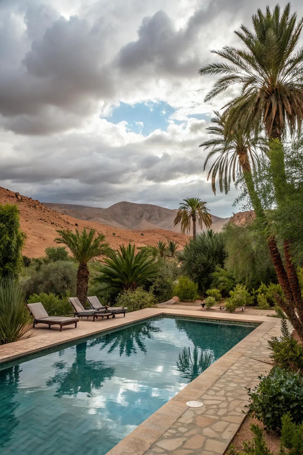 Native and tropical plants combine for a lush, green poolside oasis.
