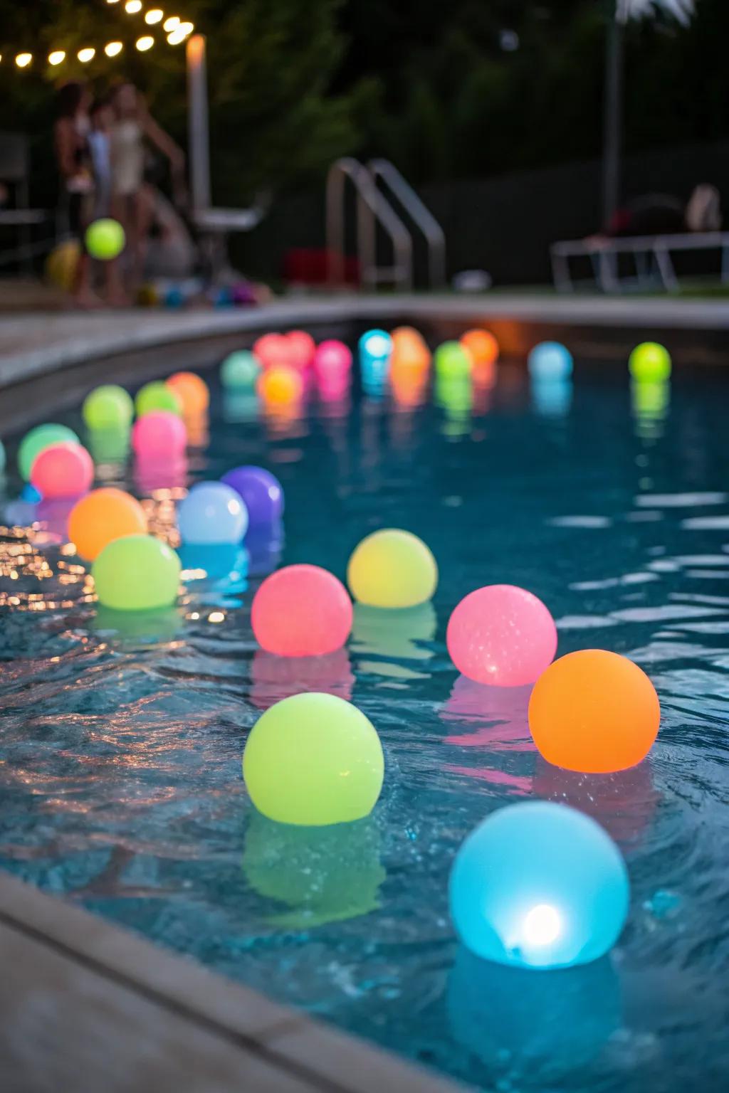 Floating LED balls create a playful and vibrant pool ambiance.