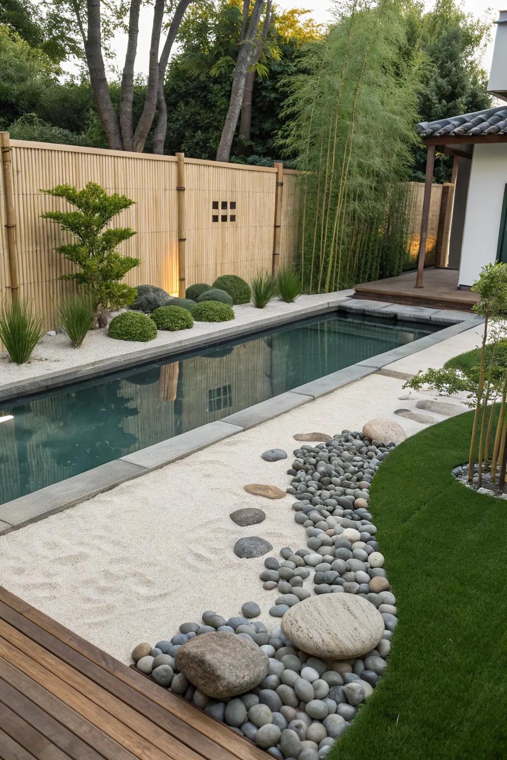Create a serene zen garden with a mix of elements alongside your pool.