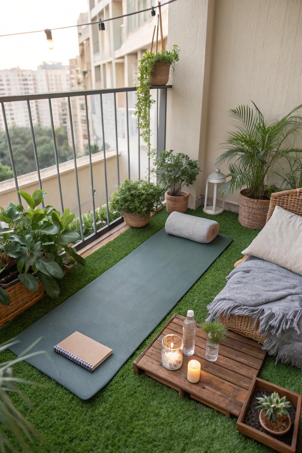 Create a tranquil yoga retreat with artificial grass on your balcony.