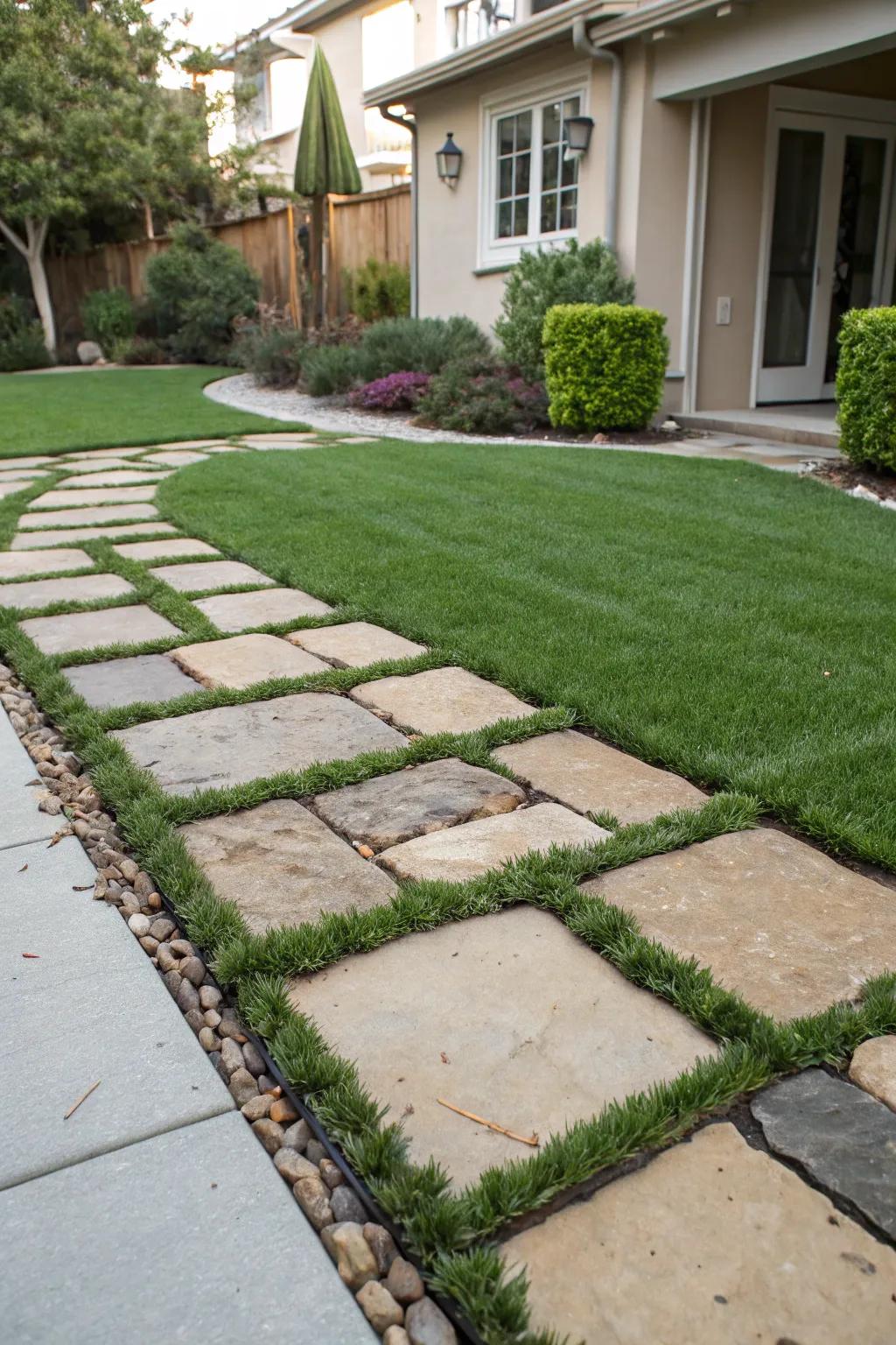 Mixing artificial grass with pavers offers a modern and practical design.