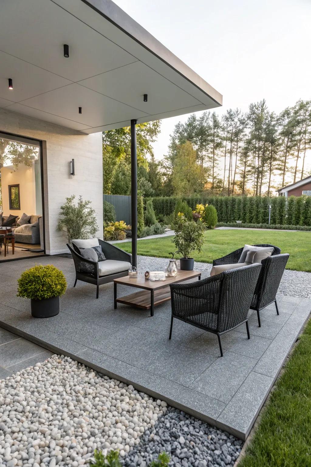 Synthetic gravel patios offer a sleek and easy-care option for outdoor entertaining.