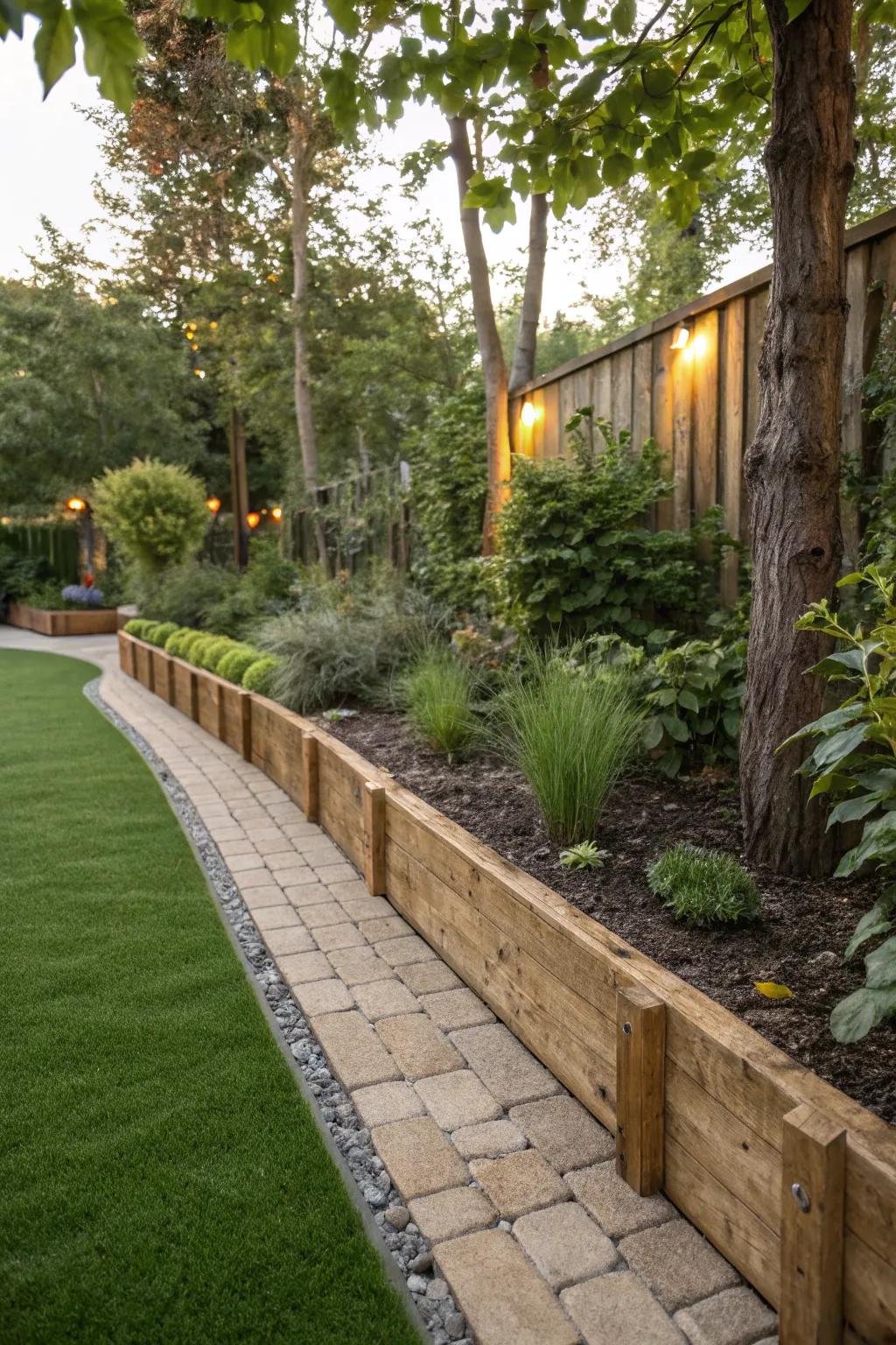 Rustic charm with timber edging around artificial turf.