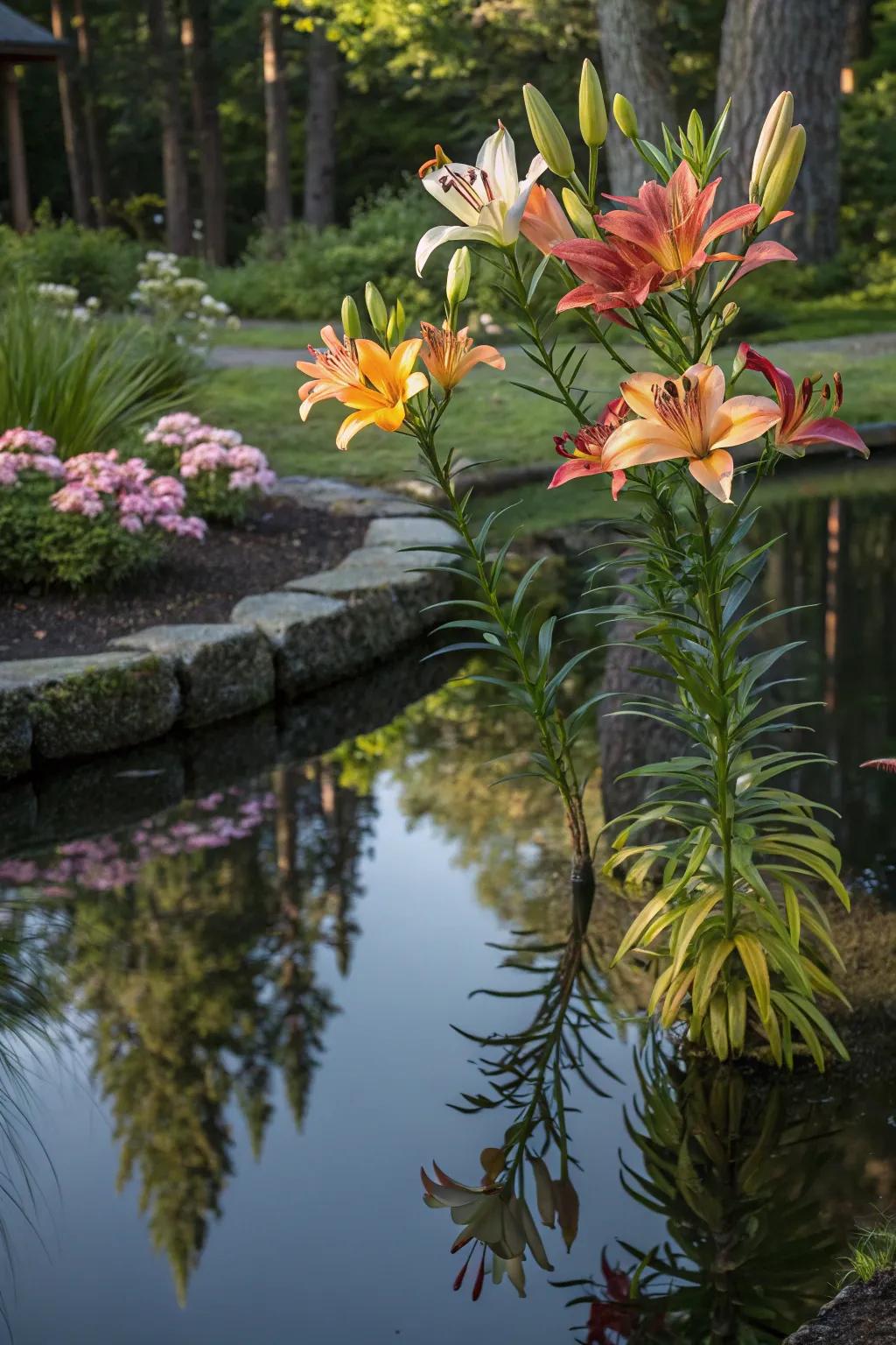 Lilies adding elegance to a garden water feature.