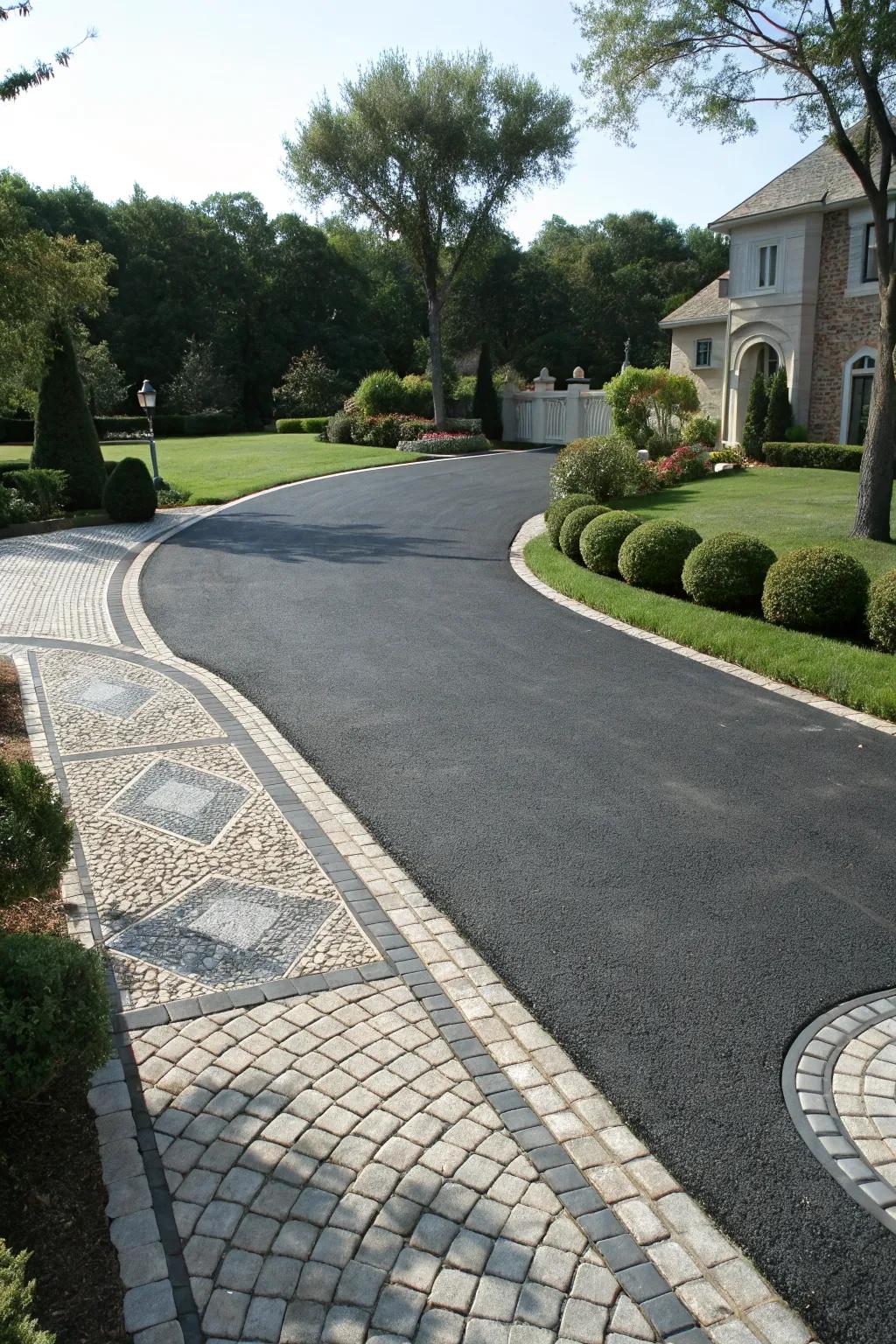 An asphalt driveway featuring decorative cobblestone elements for a unique design.