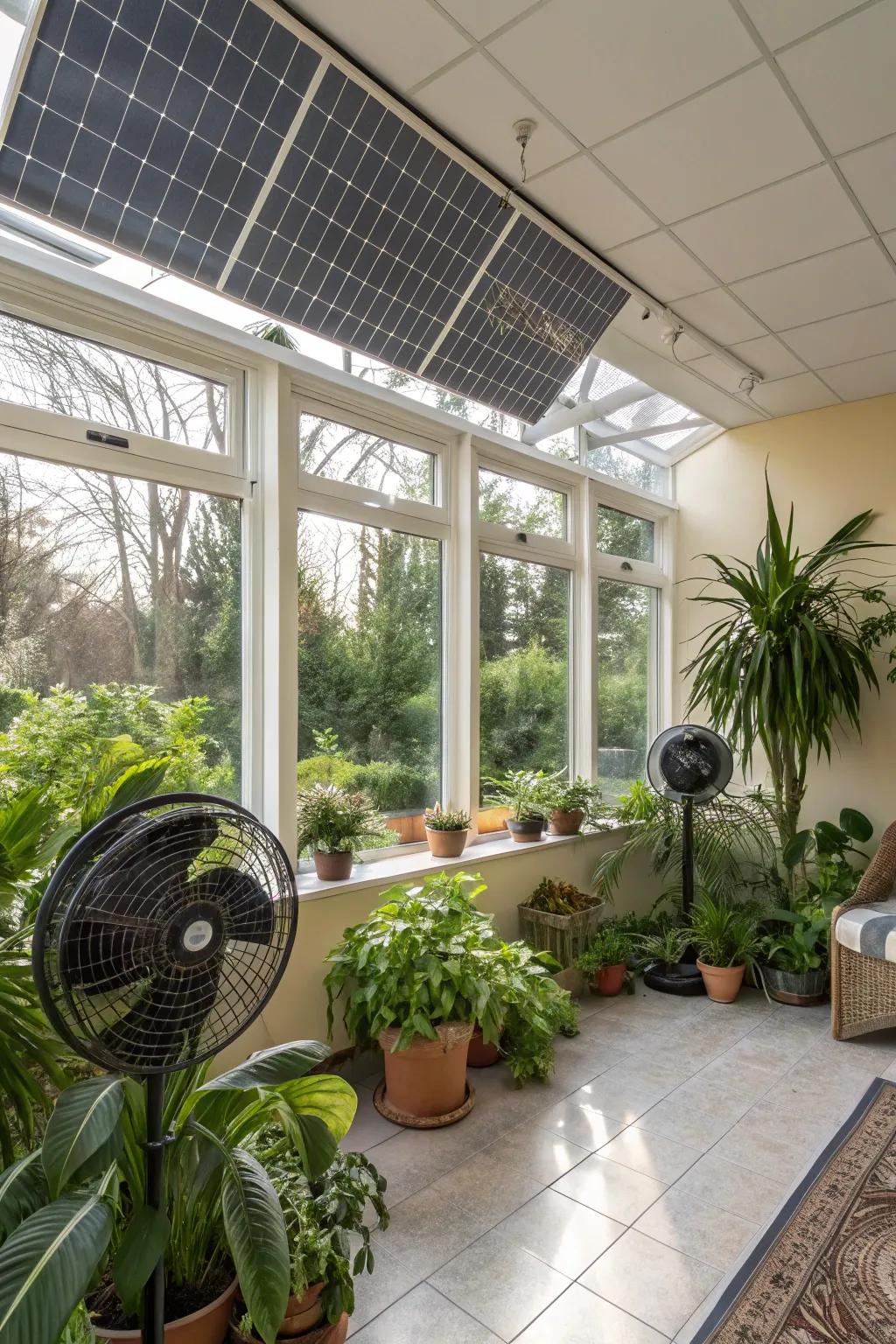 A sunroom equipped with solar-powered comfort solutions