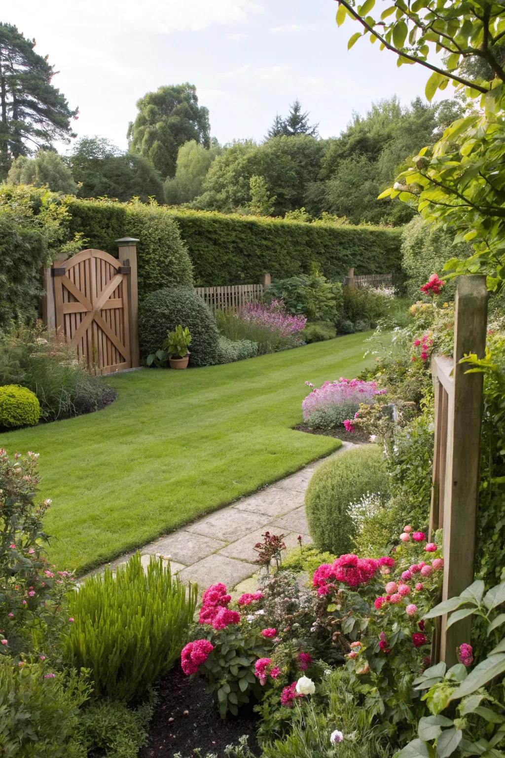 A green lawn serves as a vibrant backdrop for garden designs.