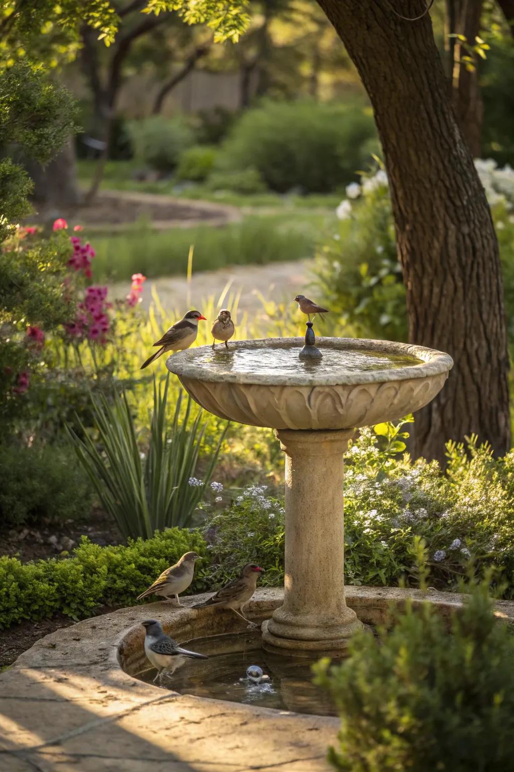 A bird-friendly birdbath drawing wildlife into the garden.