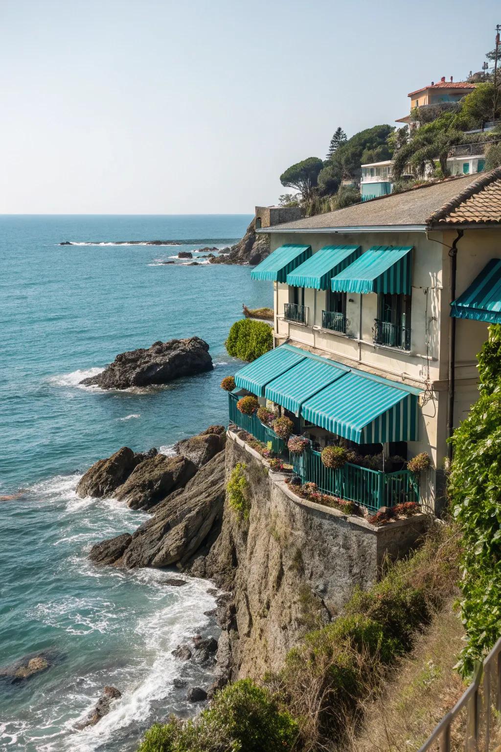 Turquoise awnings bring a coastal feel to this seaside home.
