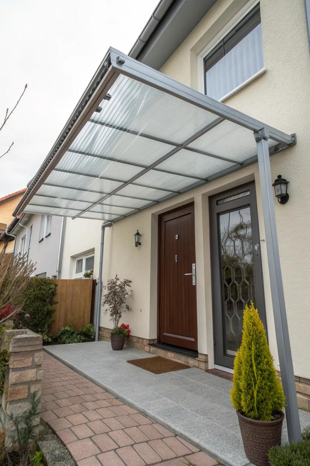 A transparent polycarbonate awning lets light in beautifully.