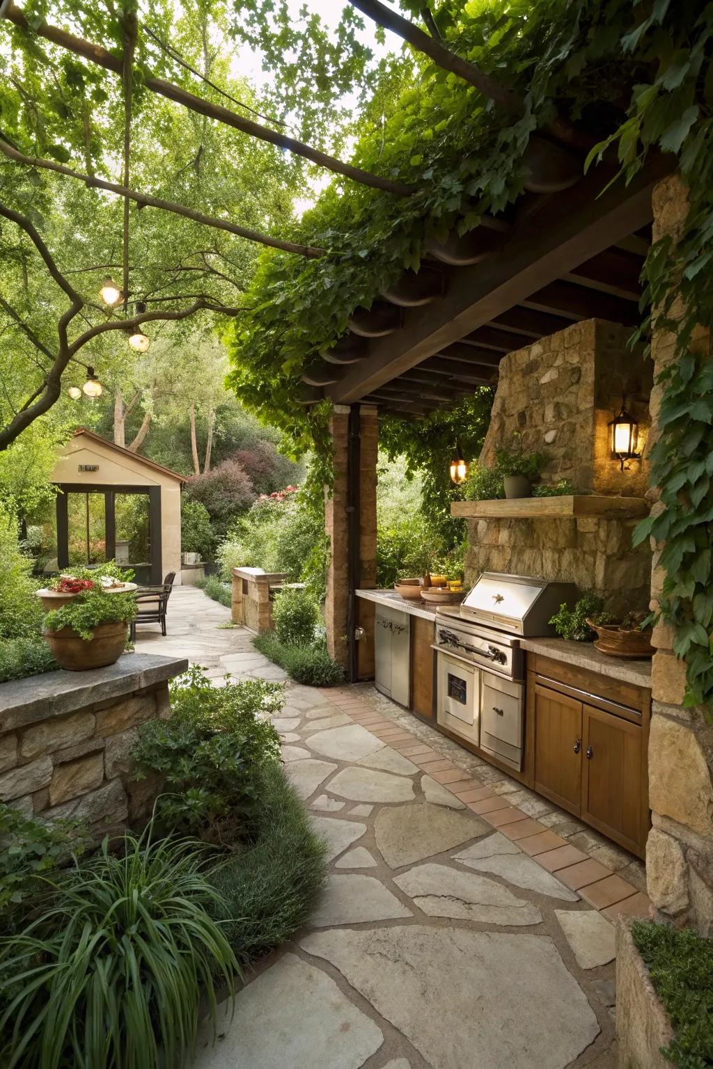 Natural elements blend seamlessly in this back patio kitchen, creating a harmonious look.