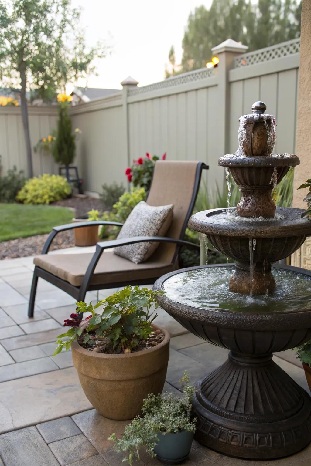 A tabletop fountain adds a calming water element to this patio.