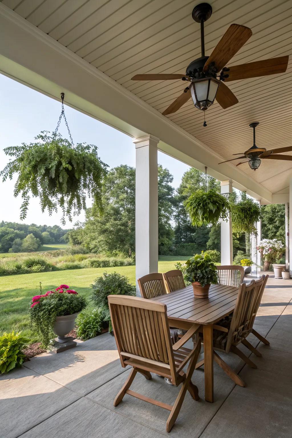 A back porch featuring a ceiling fan for added comfort.