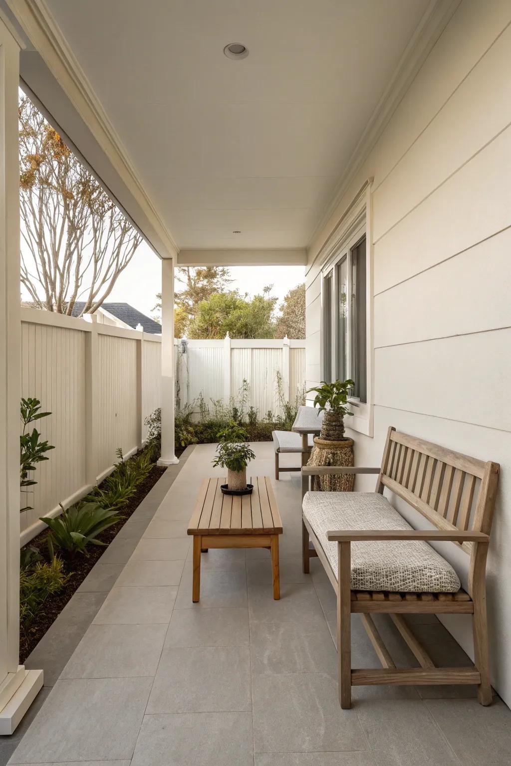 Minimalistic styles offer a calming and versatile porch aesthetic.