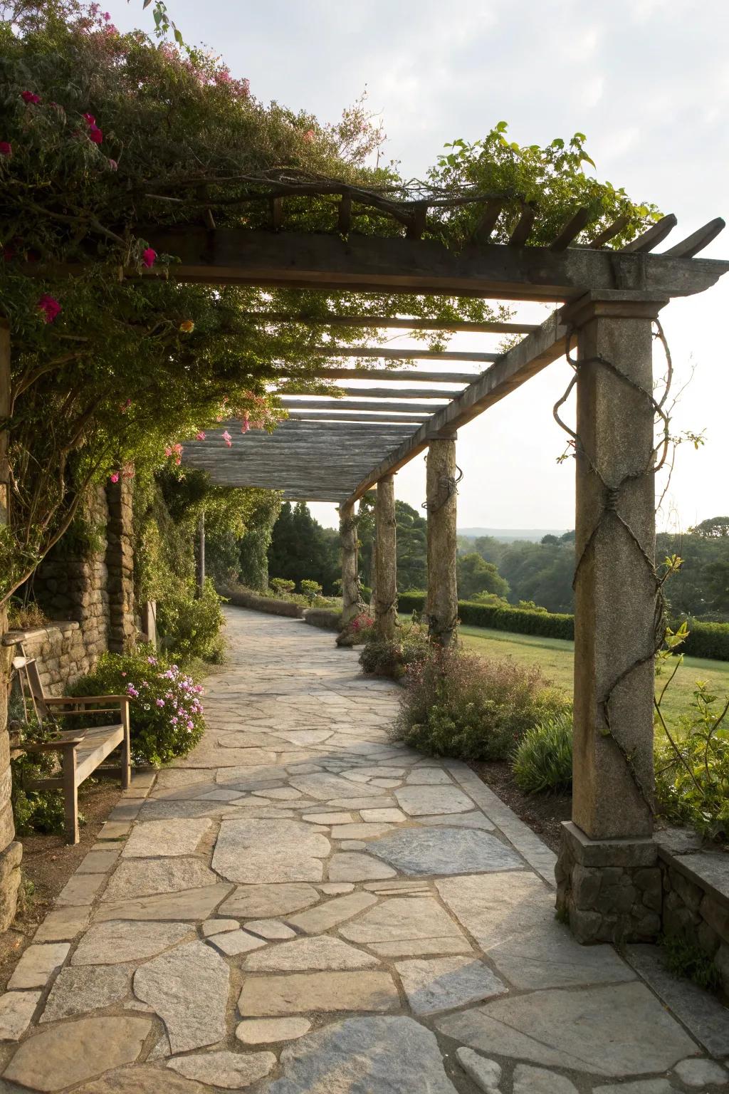 A pergola harmoniously integrated with natural stone elements.
