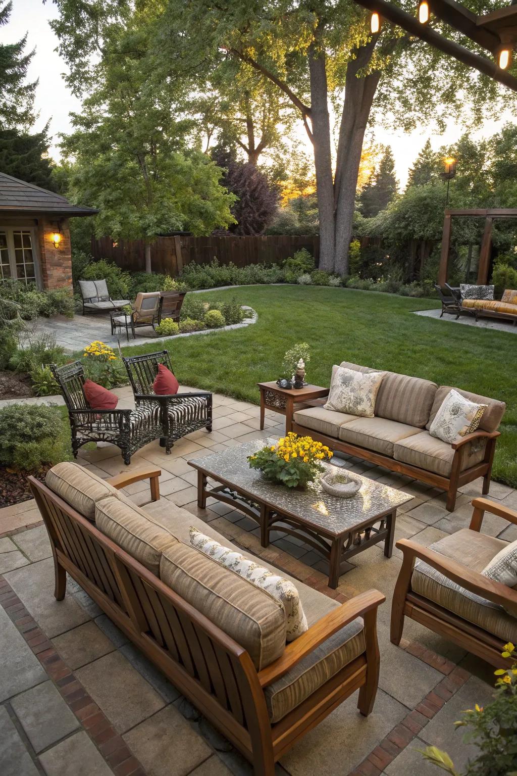 Diverse seating arrangements catering to different social settings in the backyard.