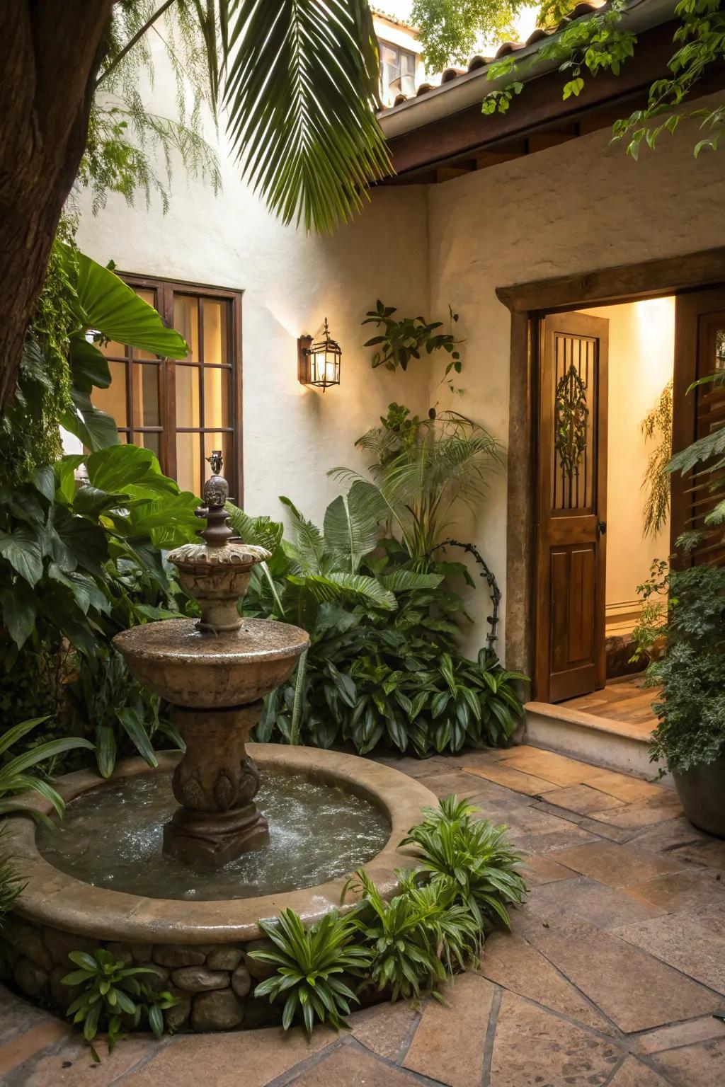 A serene water feature adds tranquility to the patio.