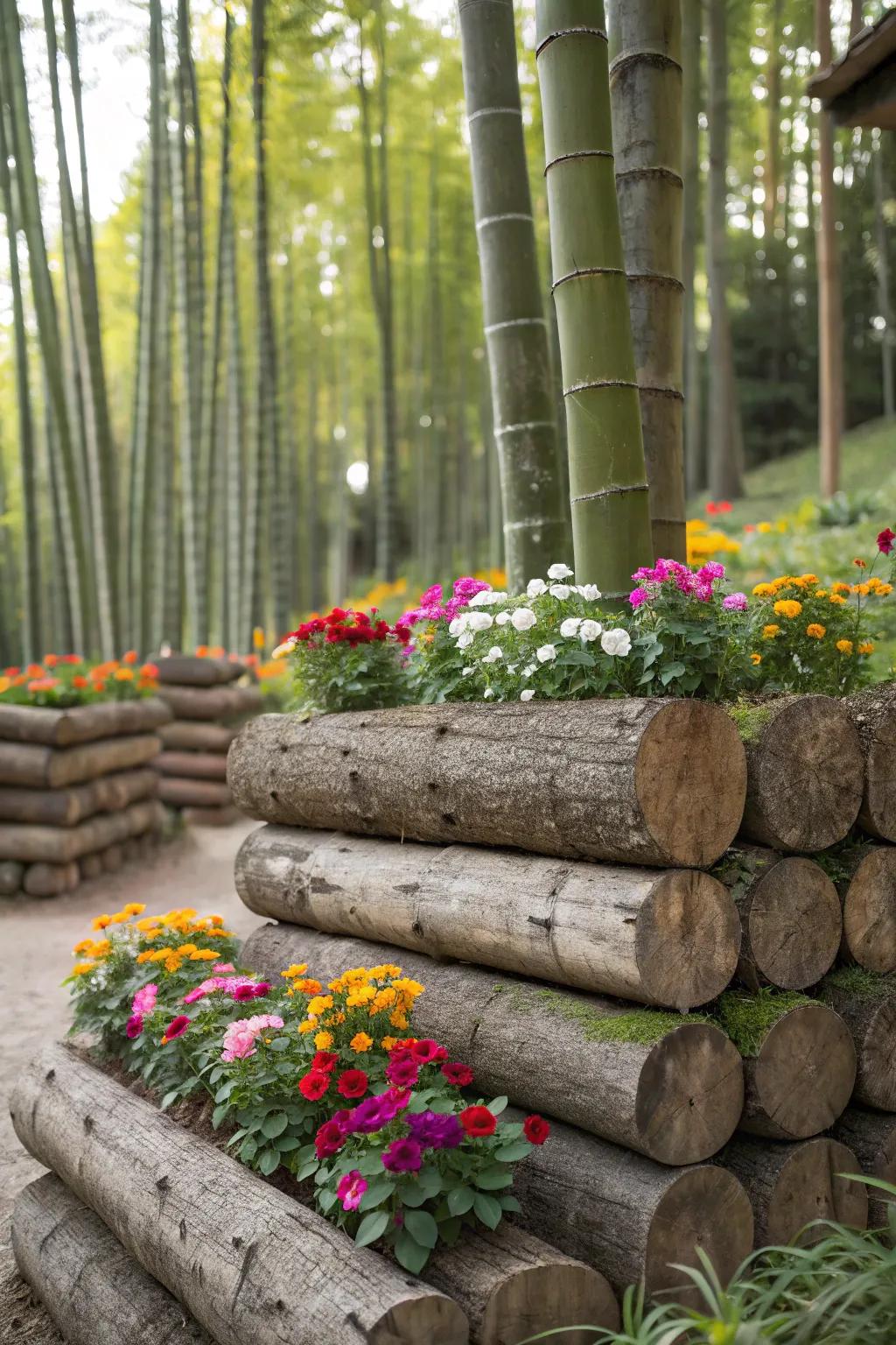 Log planters add rustic charm to any garden.