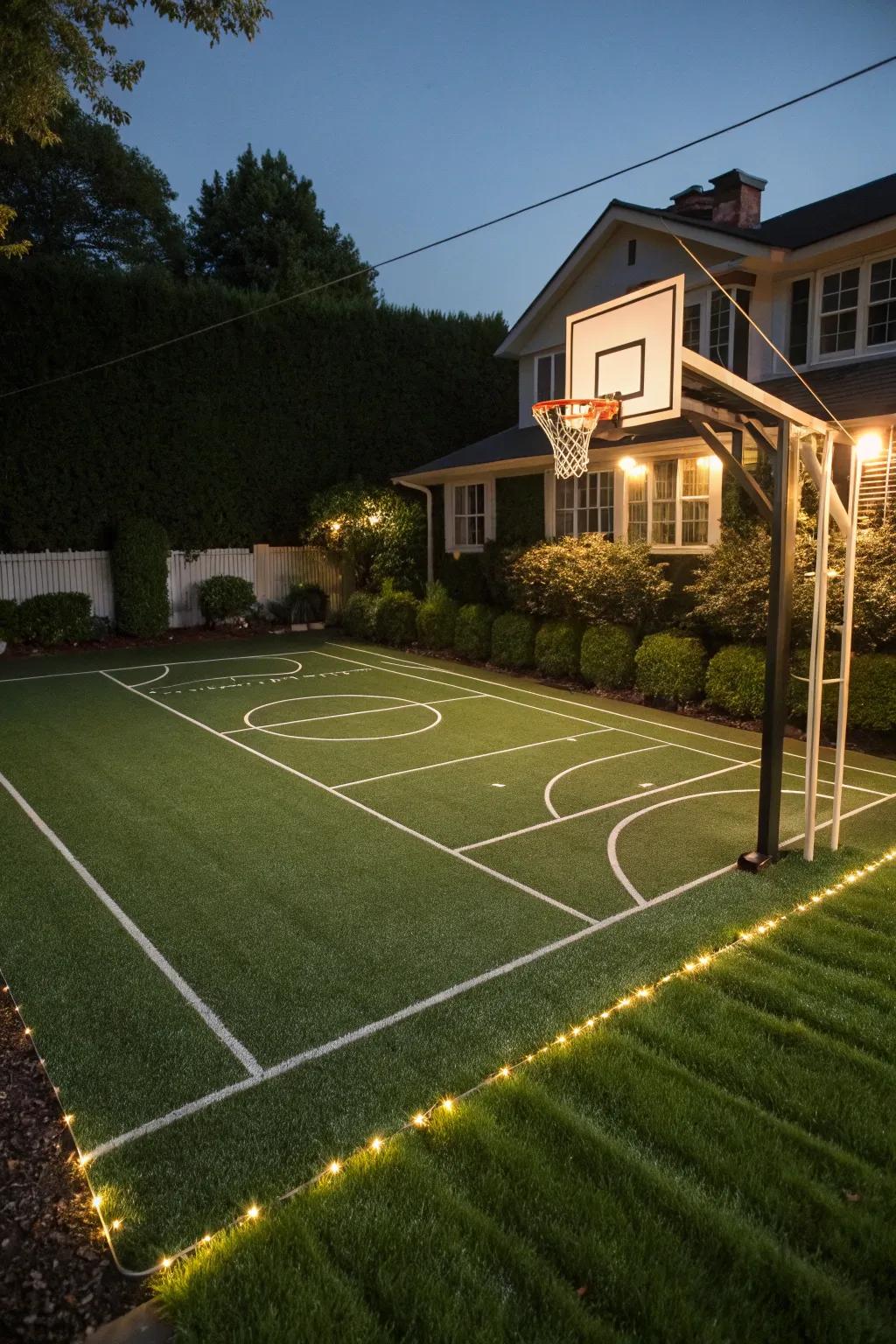 A basketball court that comes alive at night with glow-in-the-dark accents.