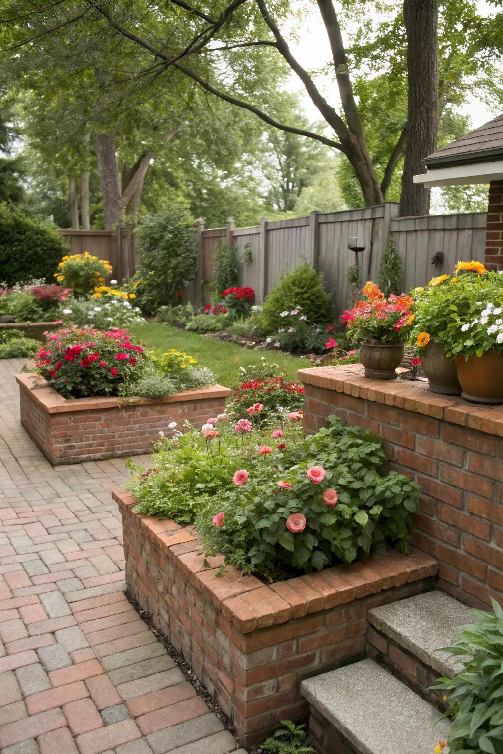 Brick planters provide a stunning display for flowers.