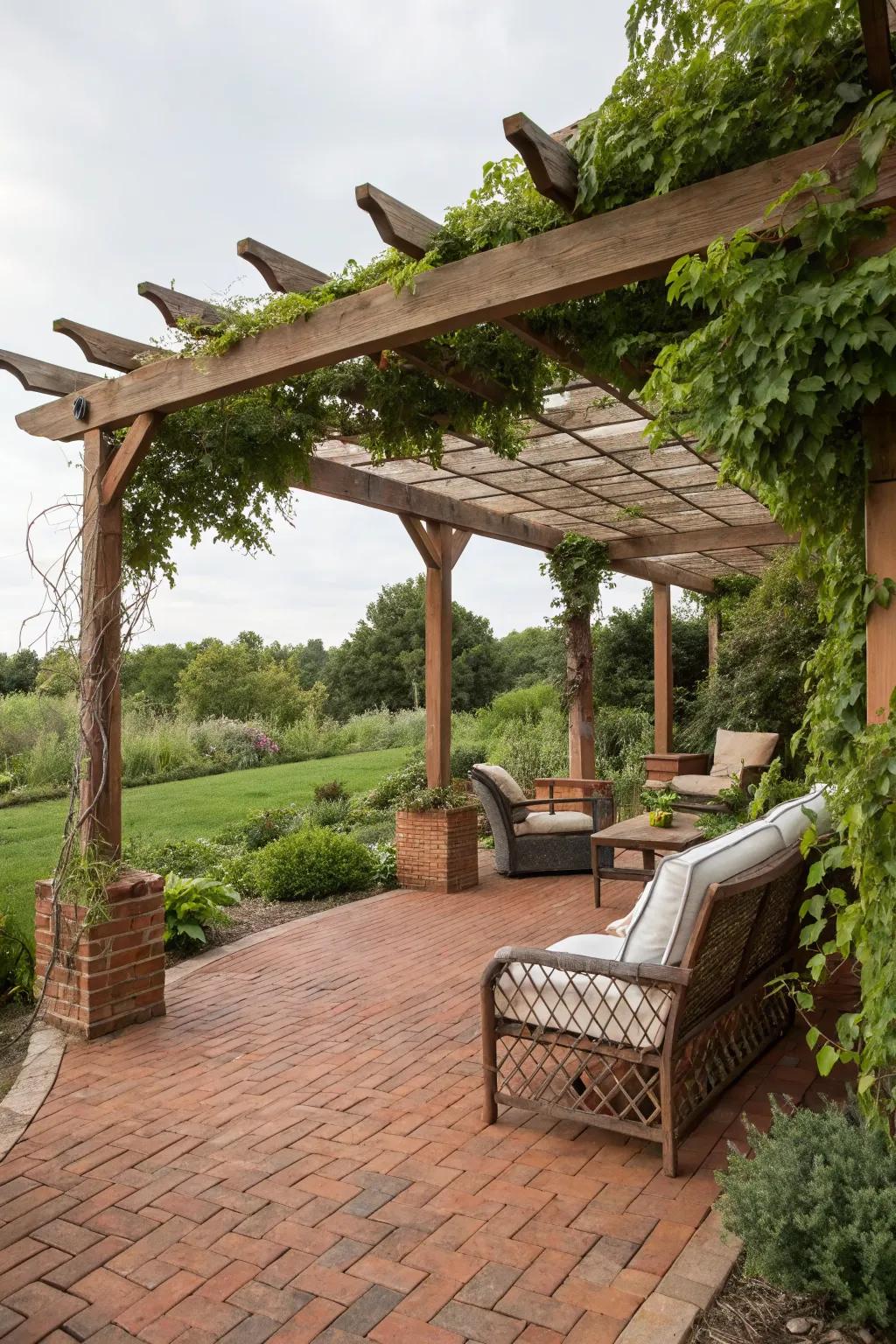 A pergola adds charm and shade to a brick patio.