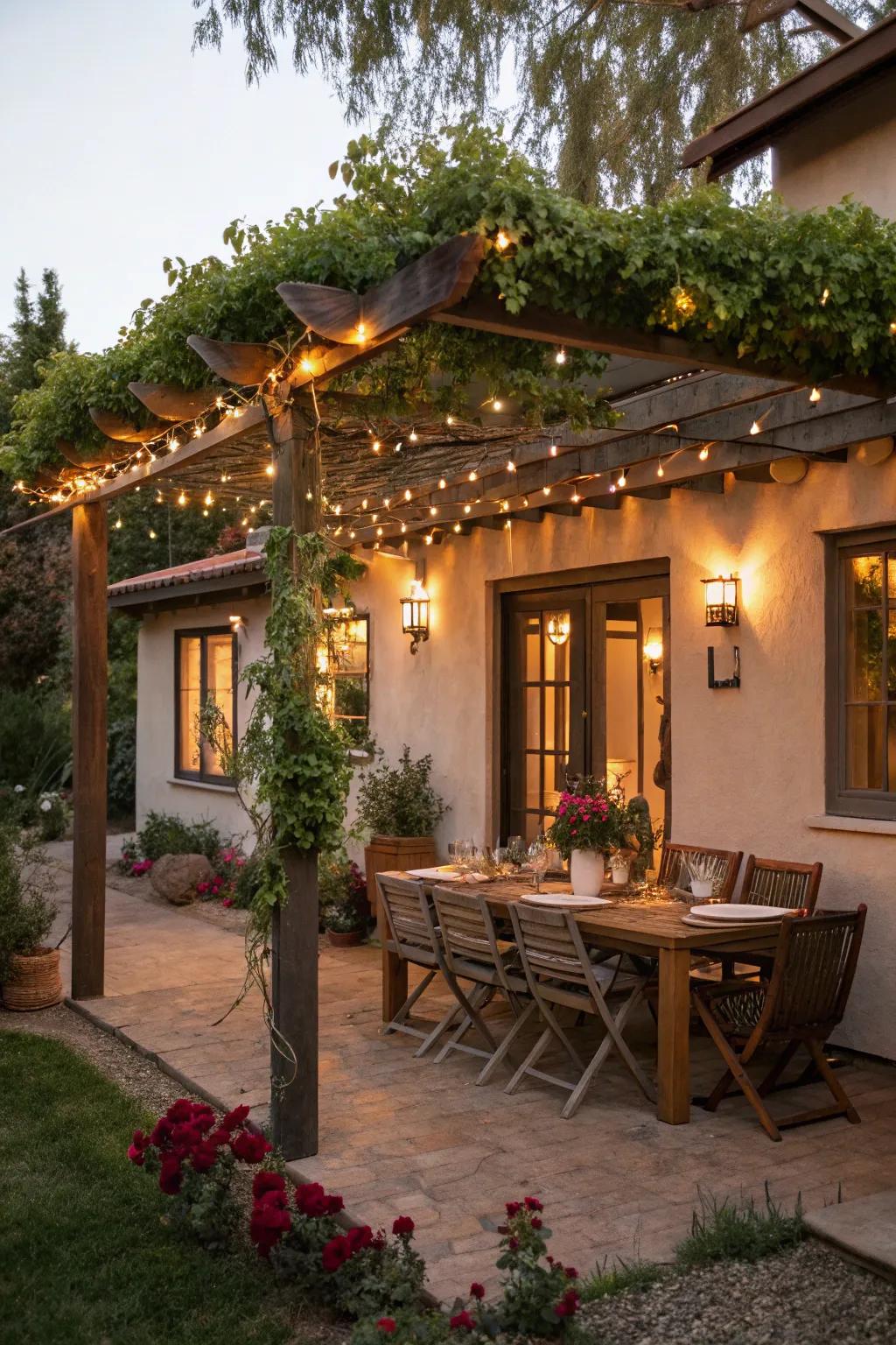 A pergola that transforms a casita into an enchanting outdoor space.