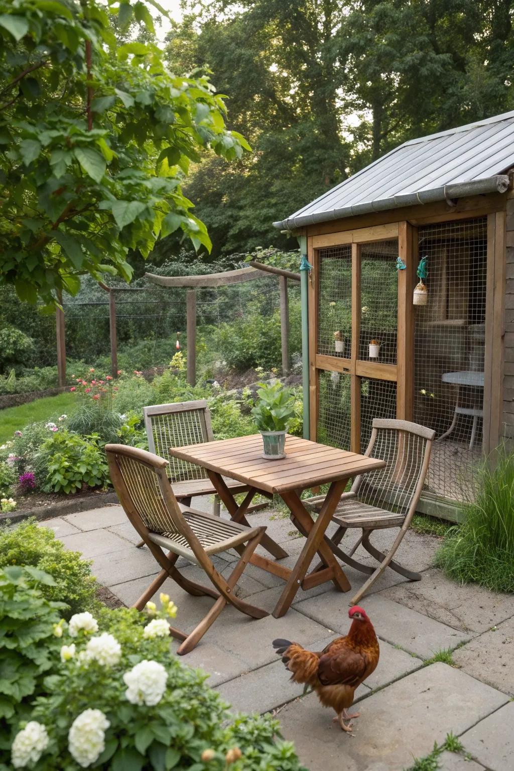 A cozy seating area invites relaxation next to the chicken coop.