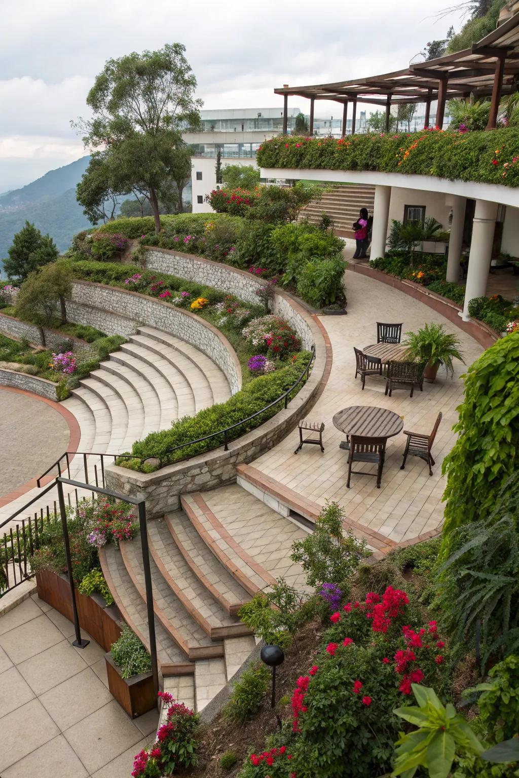 A multi-level circular patio offering diverse seating experiences.