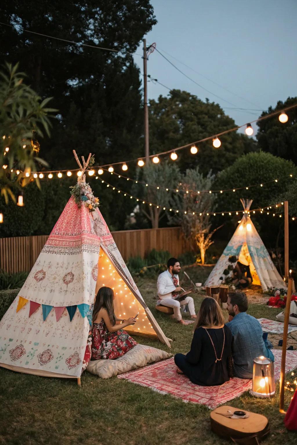 Teepees offer a bohemian touch, creating chic and cozy spaces.