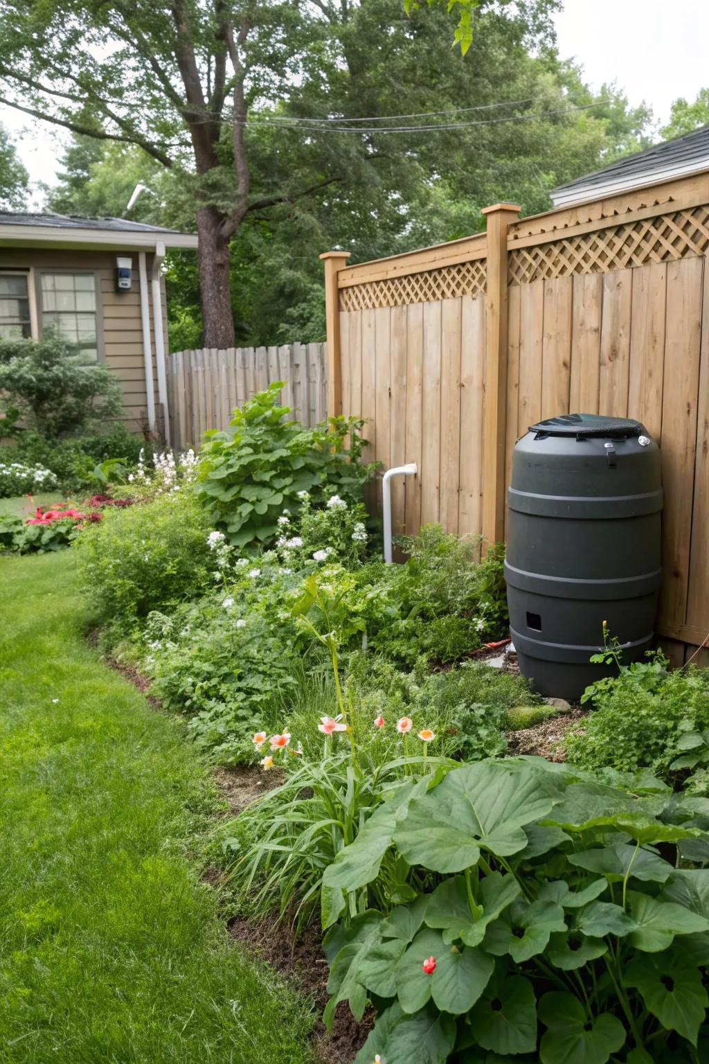 Sustainable gardening practices like composting and rainwater collection.
