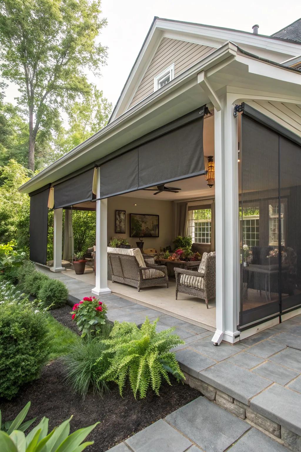 Retractable screens providing flexibility on a covered porch.