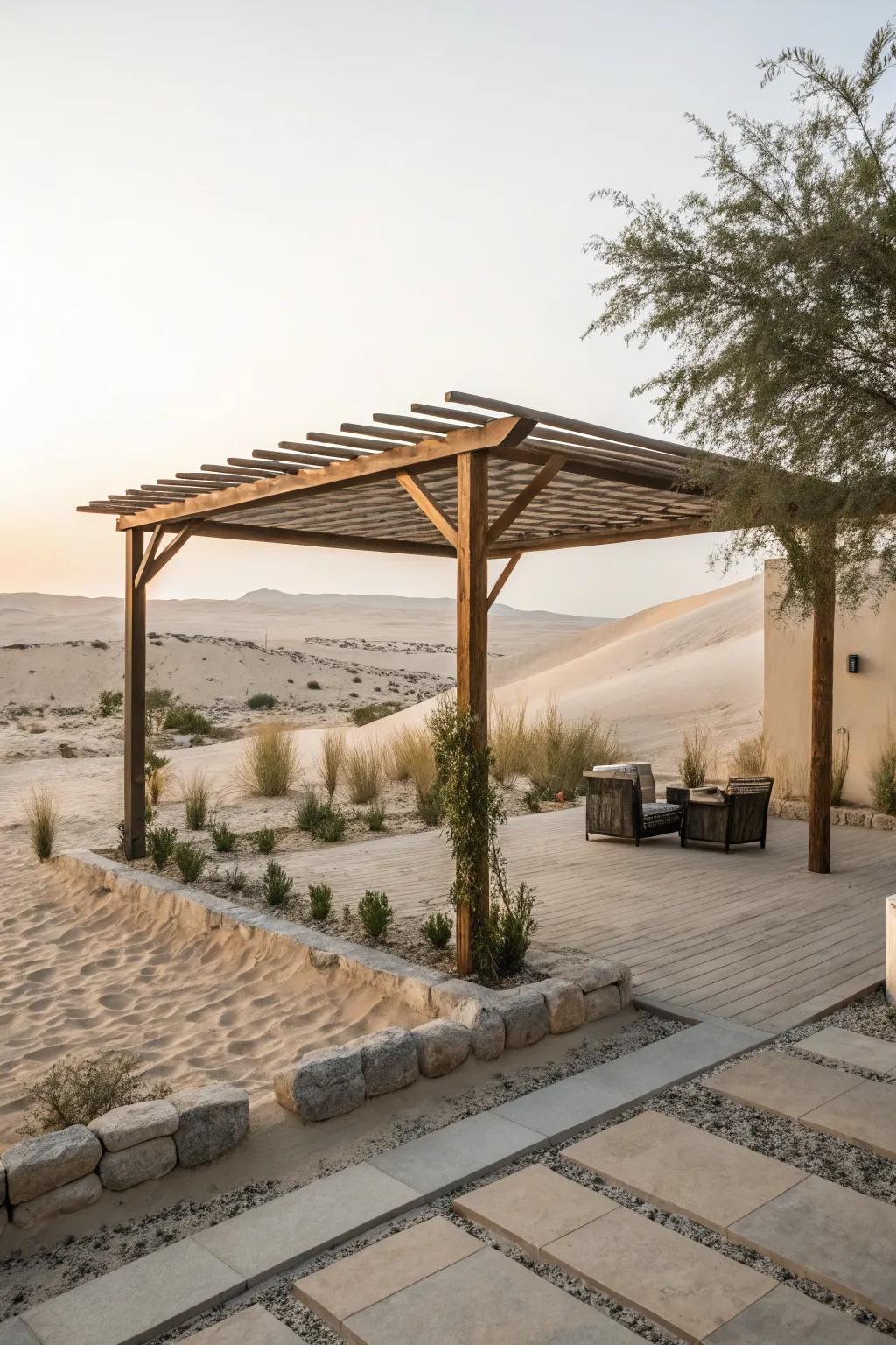 A minimalist pergola offers stylish shade in hot climates.