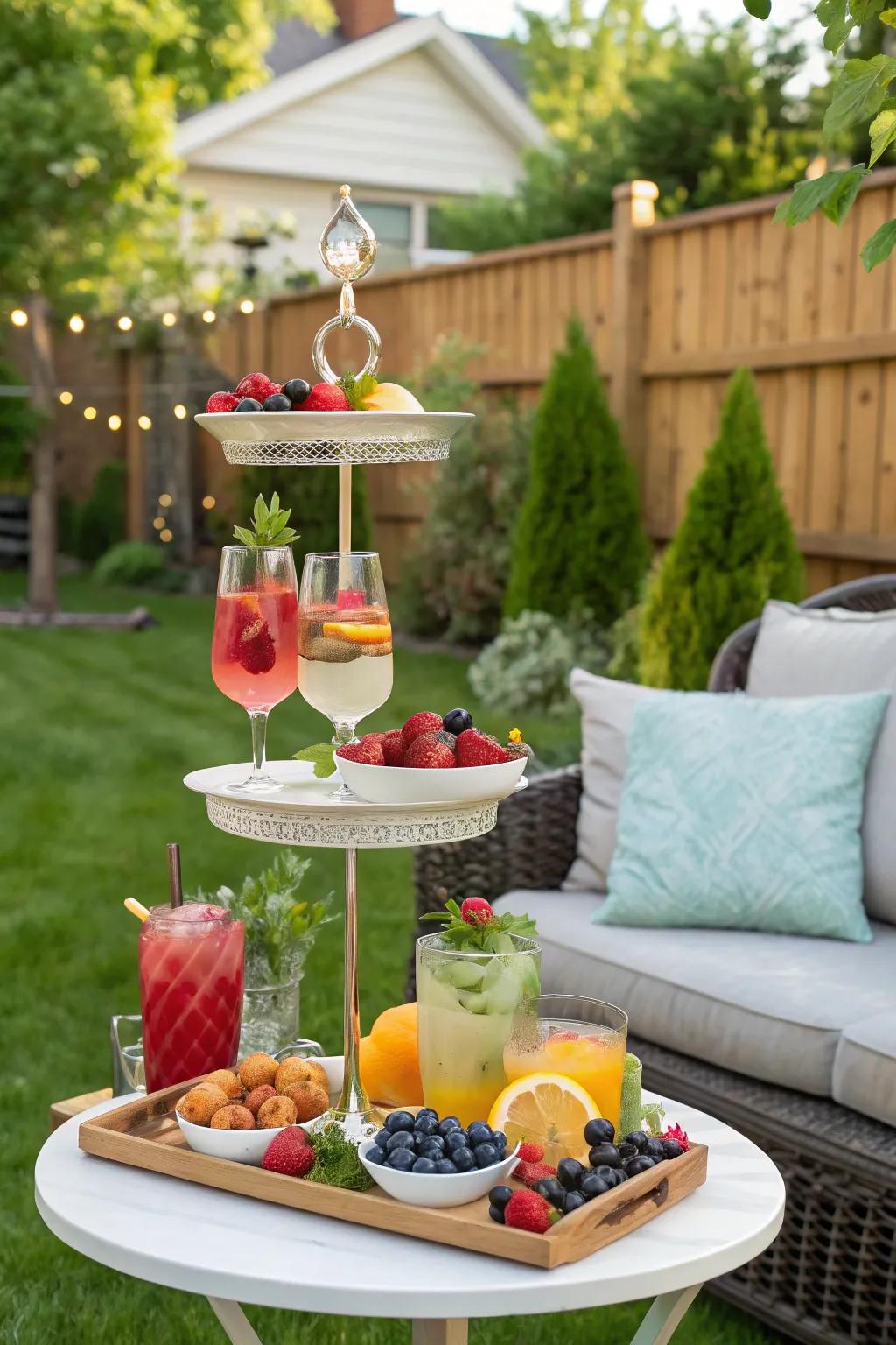 A tiered stand that organizes and elevates the drink station.