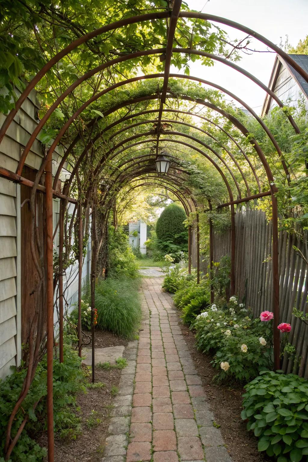 A backyard entrance with a garden tunnel made of arches and climbing plants.