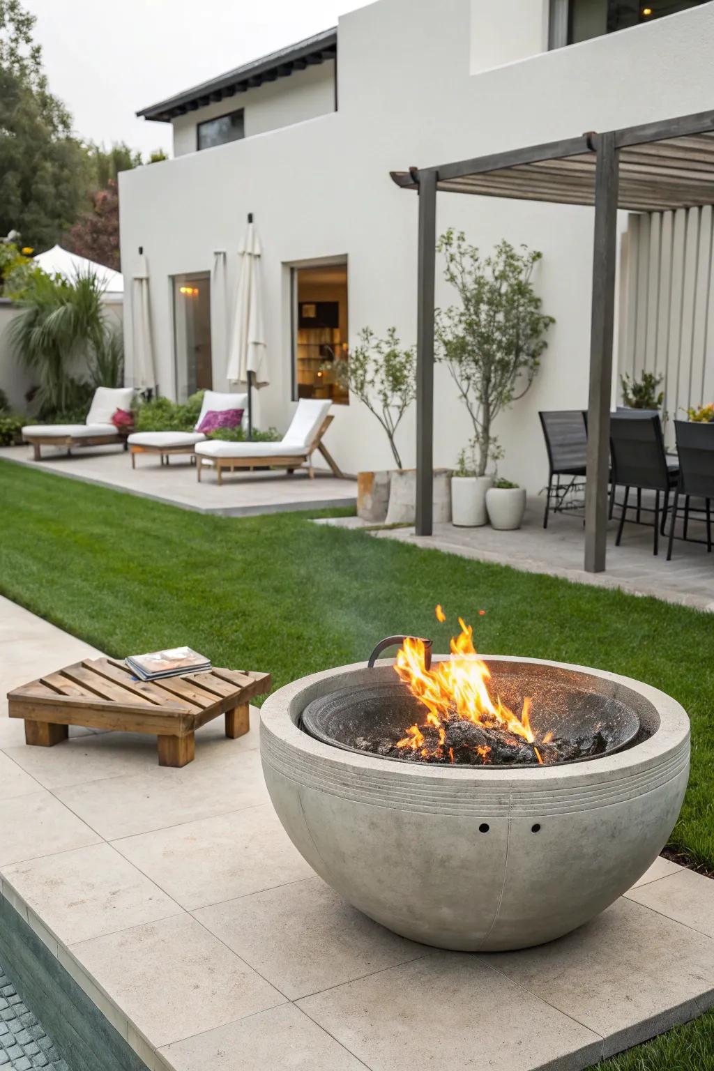 A concrete fire bowl with a grill is a modern backyard centerpiece.