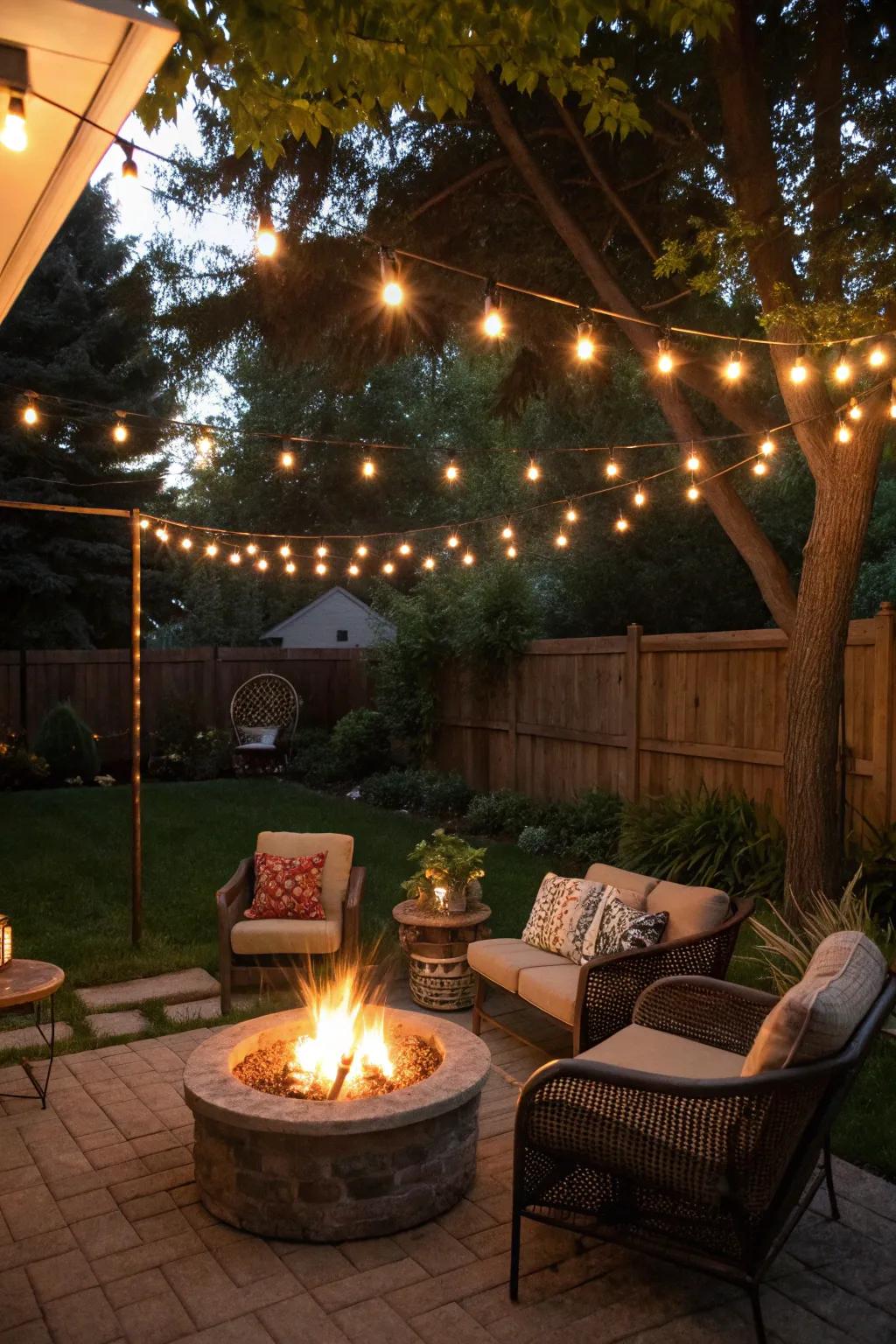 String lights add warmth and charm to any fire pit area.