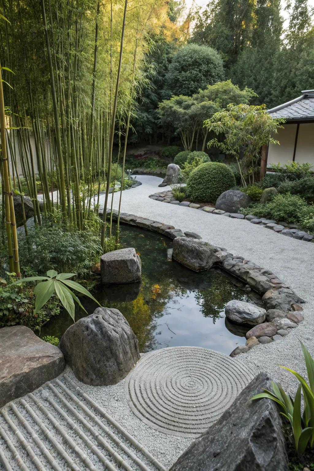 Zen elements bring peace and balance to pond designs.