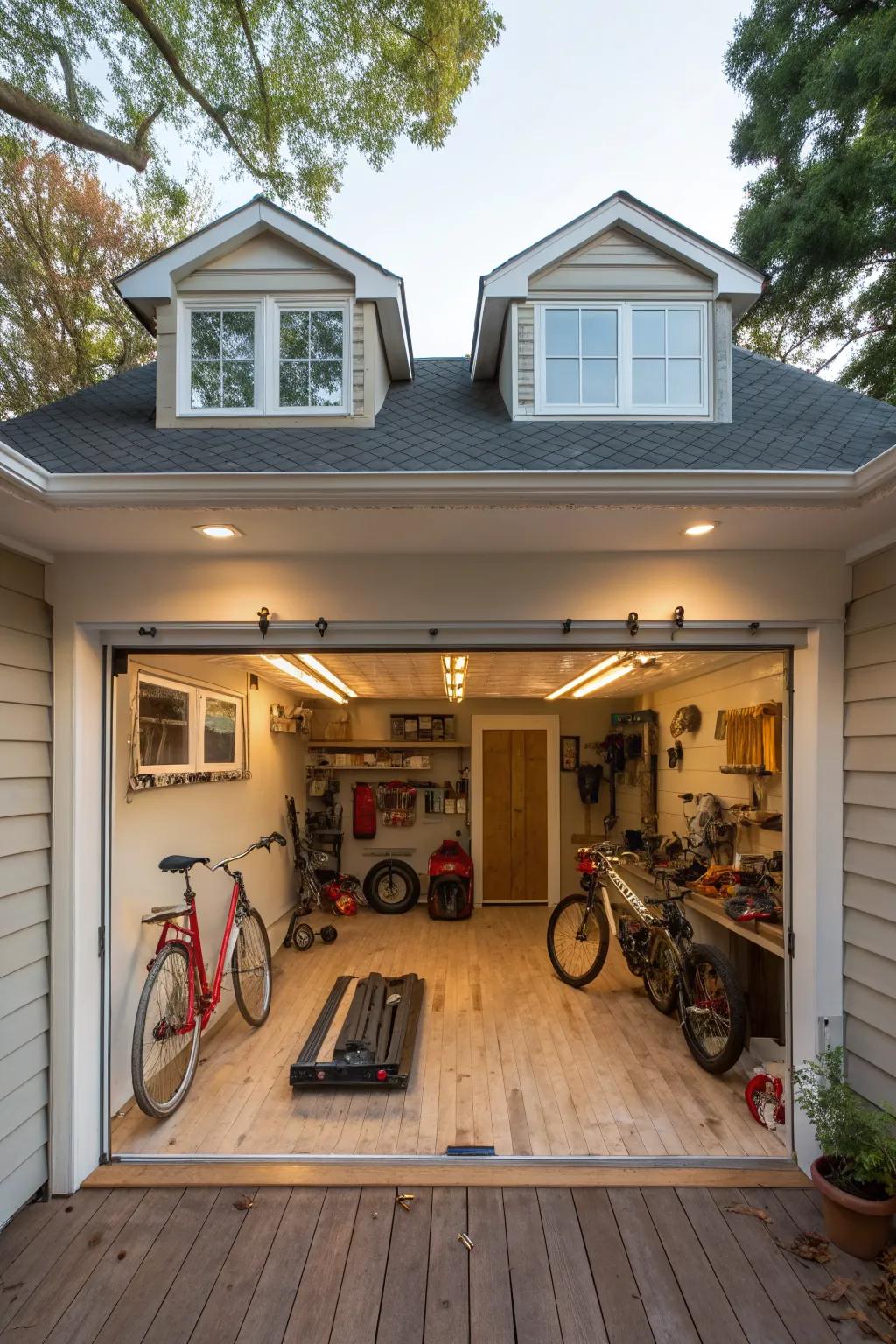 Dormers add charm and natural light to this garage.