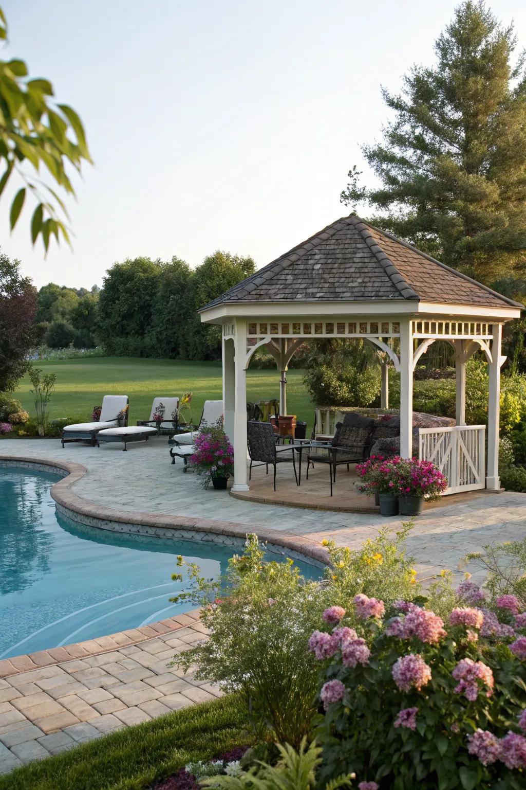 A poolside gazebo offers a luxurious and relaxing retreat.